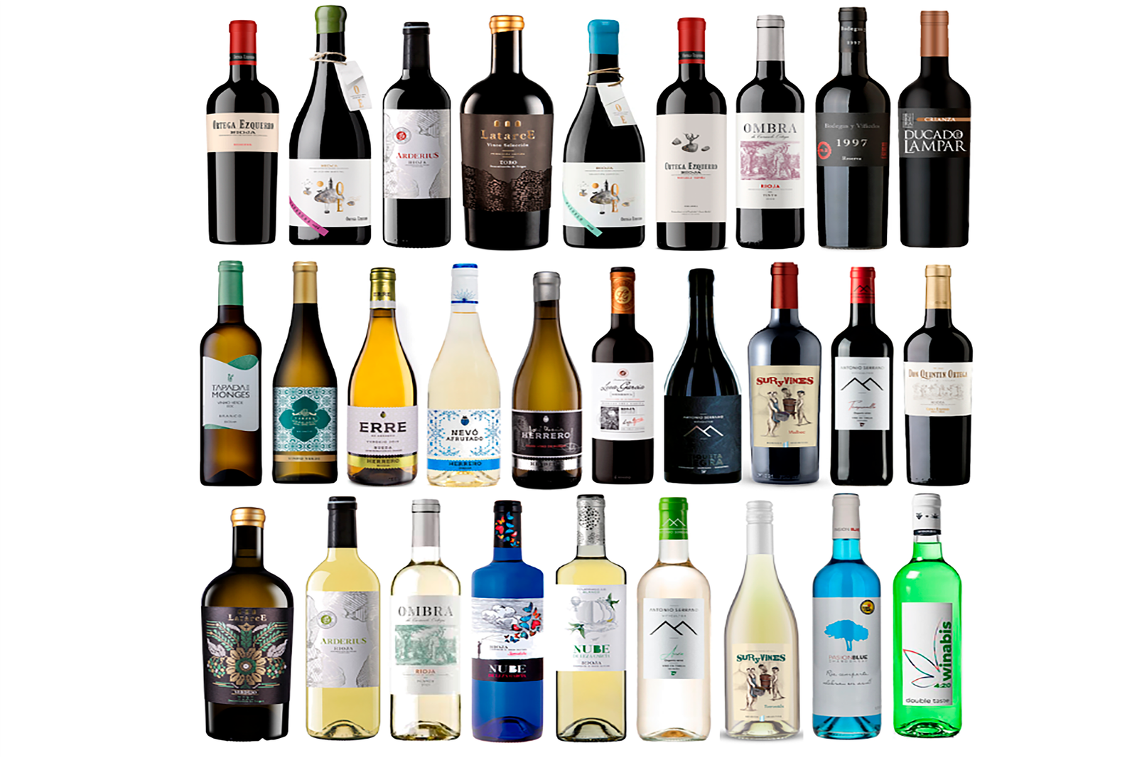 Botellas de vino tinto, blanco, rosado y espumoso dispuestas en filas, incluyendo marcas artesanales y comerciales. vinos vino tinto vino blanco vino rosado espumoso botellas de vino selección de vinos cata de vinos maridaje enología